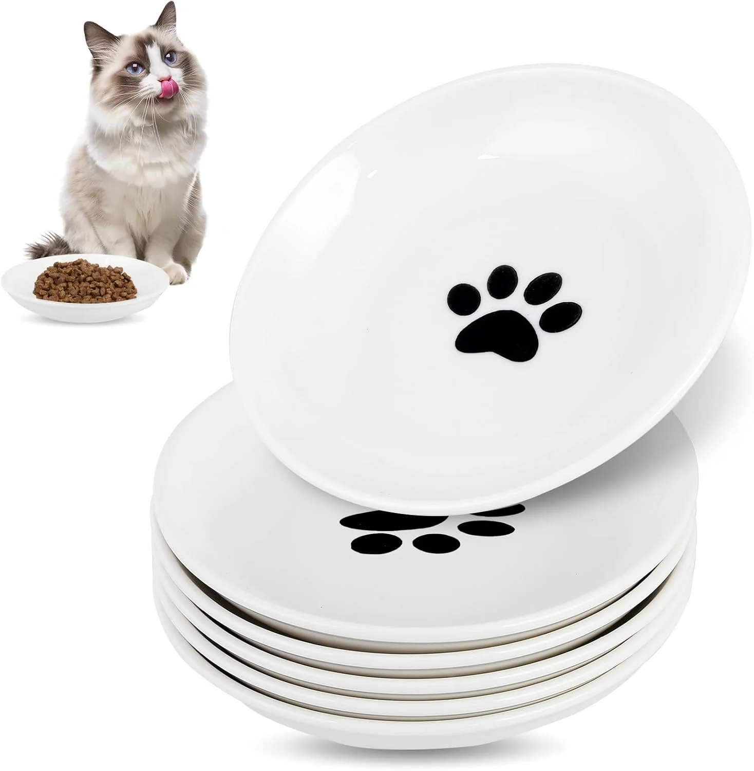 Proven 6 Pack Cat Food Bowl Ceramic Cat Bowls Anti Whisker Fatigue Cats Bowl Set 5.5 Inches Shallow Wide Kitten Plates for Food and Water Cat's Paw Style Next-Generation