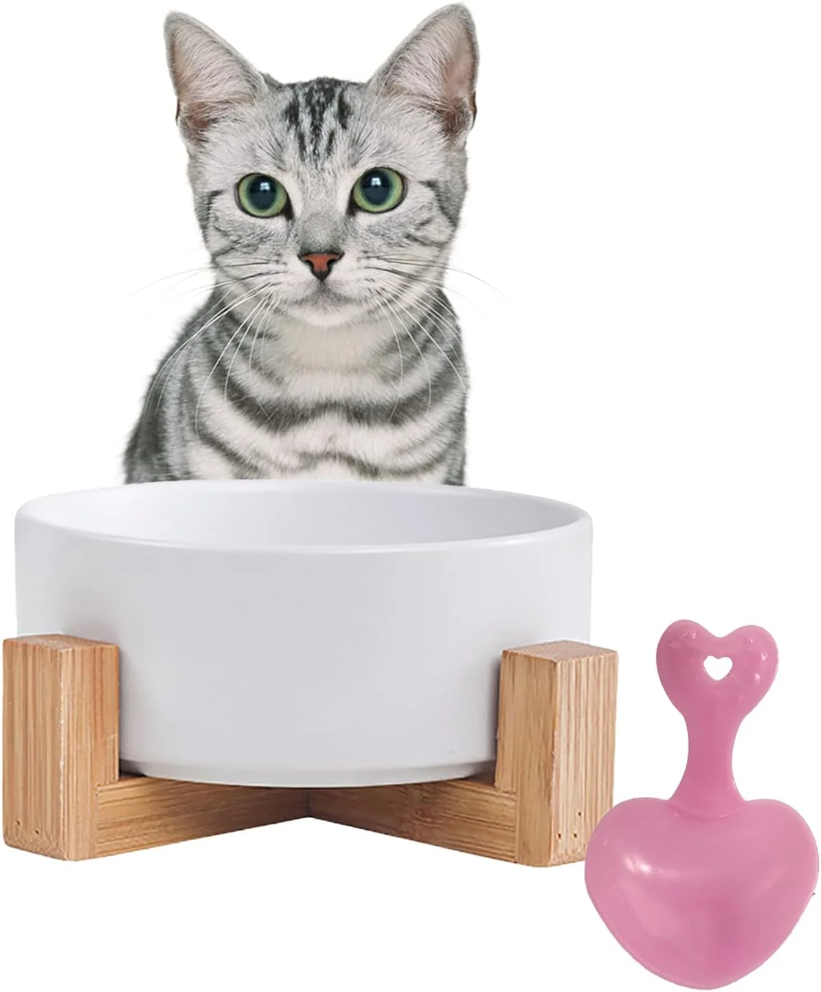 Recyclable Ceramic Dog Cat Bowl with Wood Stand Cat Food Water Bowls d Non-Spill Modern Cute Kitty Dishes Heavy Weighted Round Pet Dishes Set for Kitten Small Cat White Green