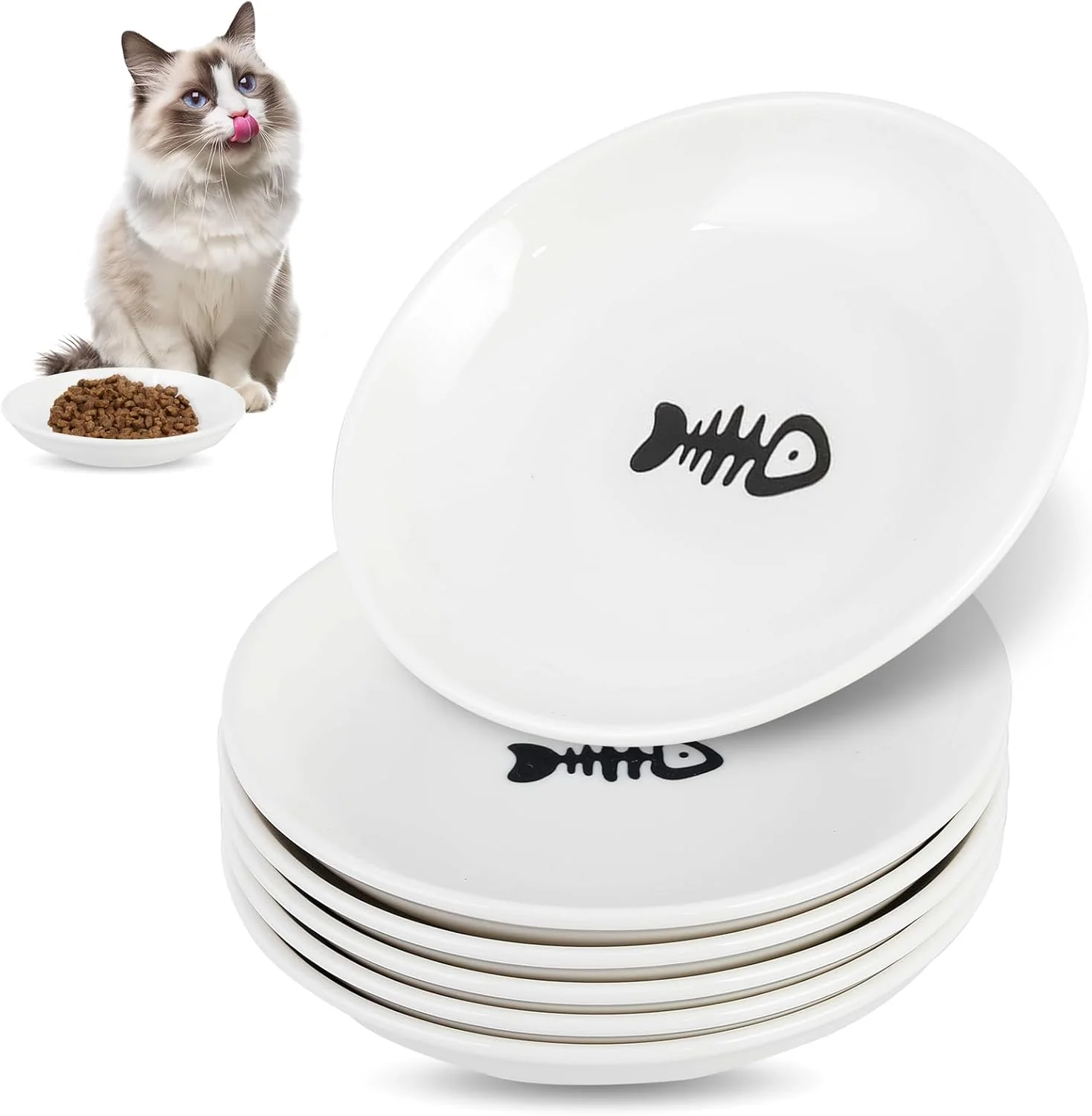 Official 6 Pack Cat Food Bowl Ceramic Cat Bowls Anti Whisker Fatigue Cats Bowl Set 5.5 Inches Shallow Wide Kitten Plates for Food and Water Fishbone Style Sophisticated