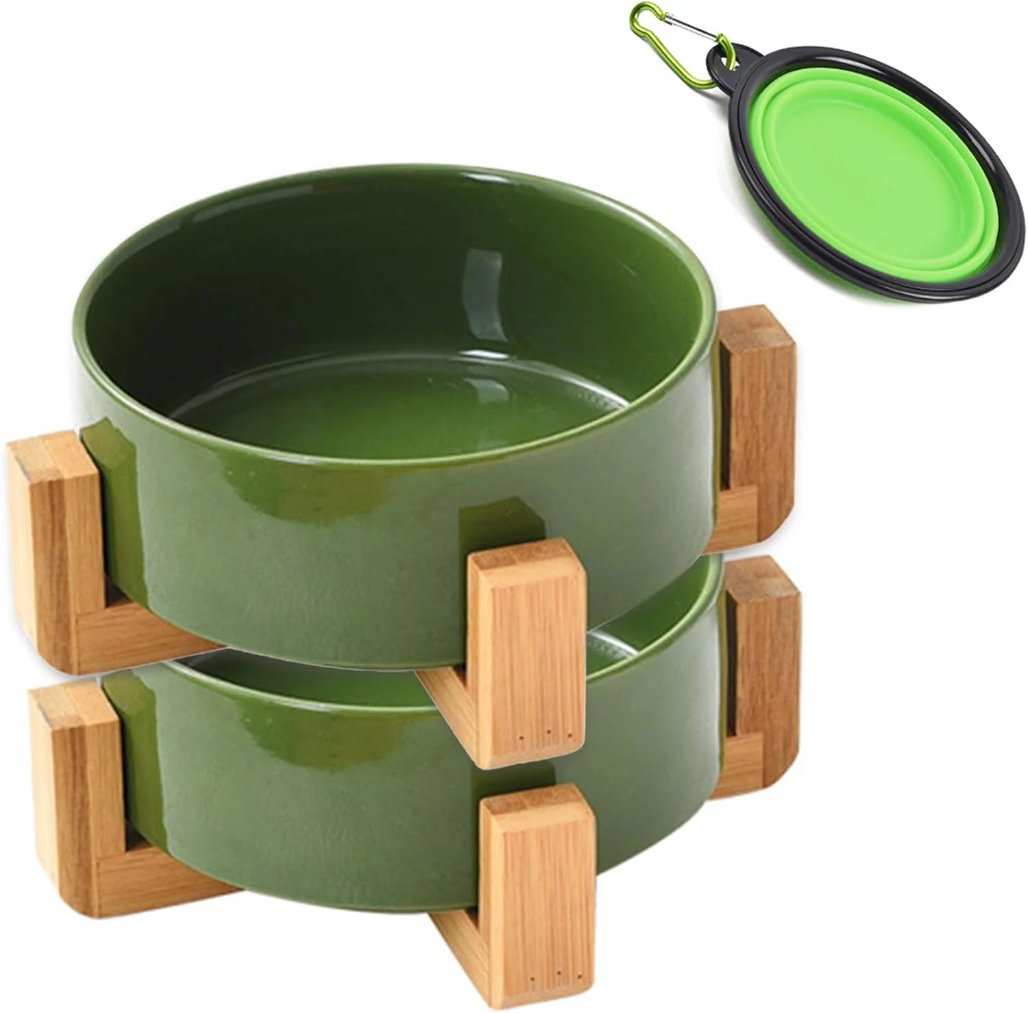 Fashionable Petygooing Ceramic Dog Bowl Set with Stand Cat Dog Food and Water Bowls Medium Size - Anti-Slip Set of 2 - 28 OZ 3.6 Cups - Rust Green Pure