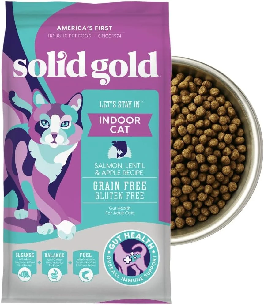 Carefully Designed Solid Gold Indoor Dry Cat Food - Grain Gluten - Salmon Cat Food Dry Kibble for Indoor Cats w Probiotics Fiber for Gut Health - Sensitive Stomach Hairball Support for Adult Cats - 12LB Unique