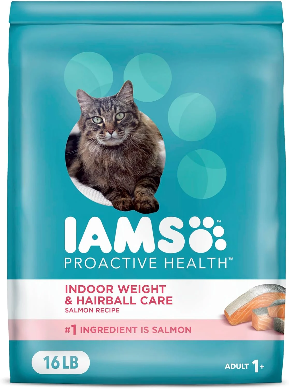 Clean IAMS Proactive Health Indoor Weight Control Hairball Care Adult Dry Cat Food Salmon Recipe 16 lb. Bag Flexible