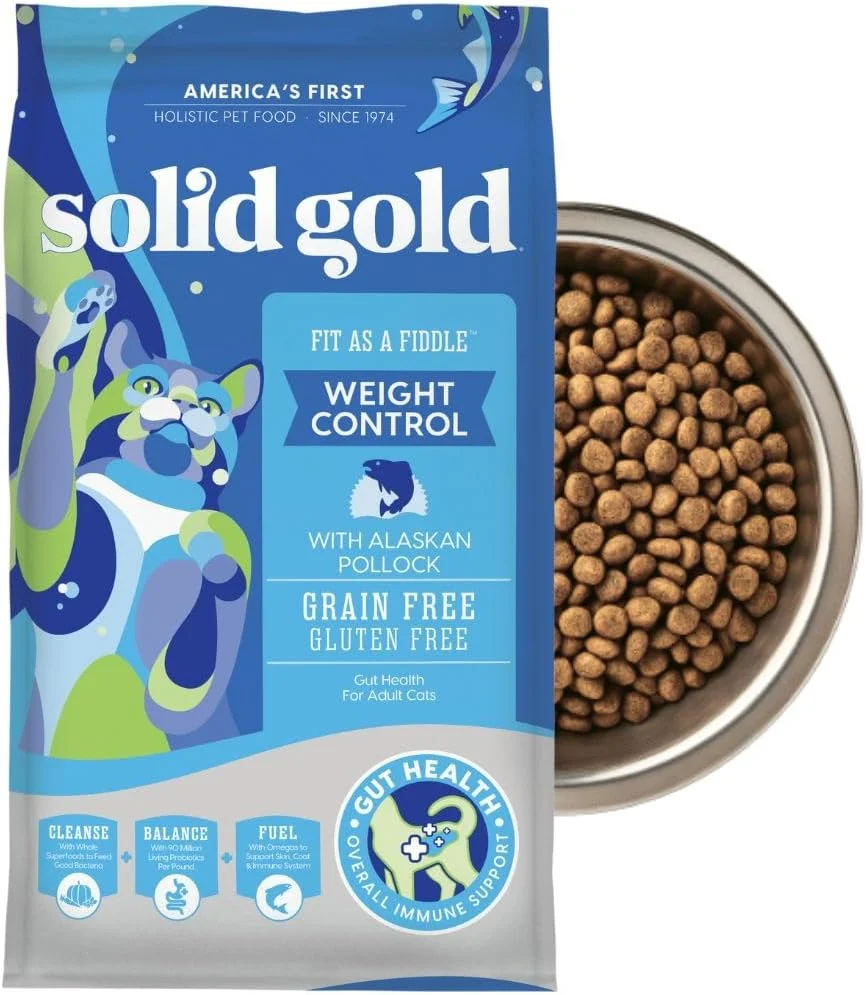 Long-Lasting Solid Gold Weight Management Cat Food for Adults - Grain Gluten Dry Cat Food Indoor Outdoor Recipe for Healthy Weight w Alaskan Pollock Probiotics for Gut Health Digestion - 3 LB Authentic