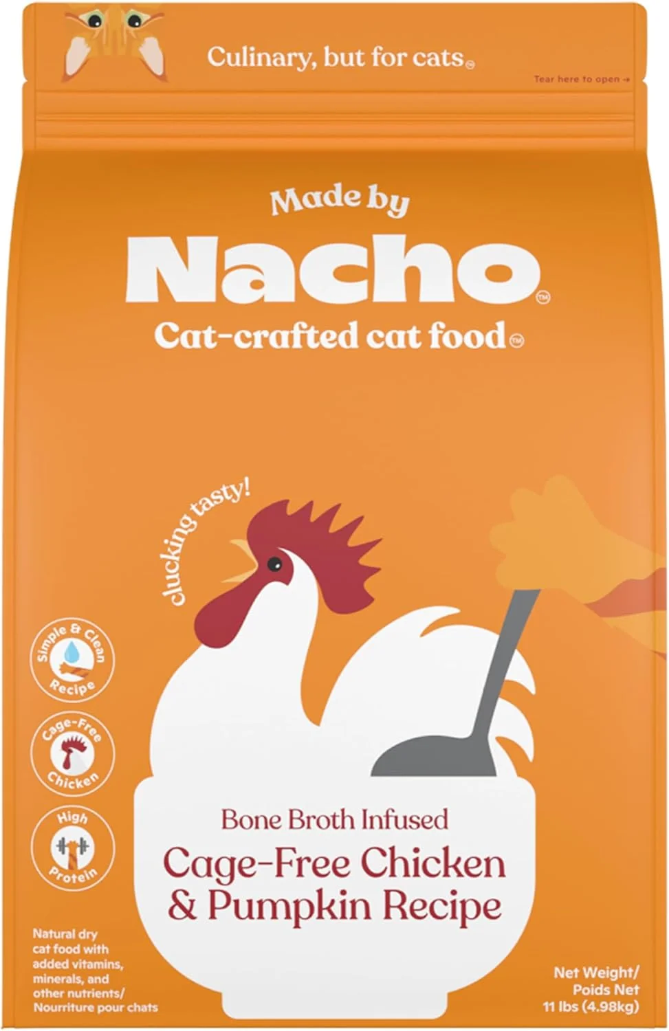 High-Grade Made by Nacho Dry Cat Kibble 11lb Bag High Protein and Grain-Friendly Premium Cat Food Cage- Chicken Pumpkin Recipe Infused with Bone Broth for Hydration Limited Ingredients Single Bag Elite