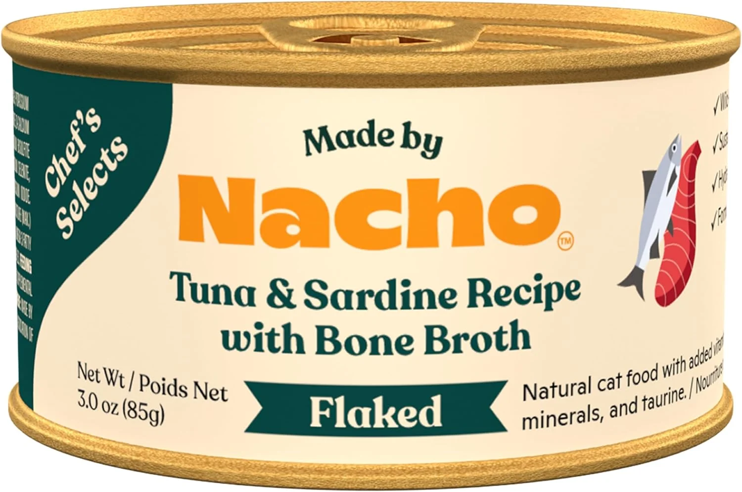 Original Design Made by Nacho Flaked Filets Recipe in Bone Broth Grain- Chef's Selects Wet Food for Cats Balanced Diet in Naturally Hydrating Pumpkin-Infused Broth 3.0 oz Pack of 12 Tuna Sardine Dependable