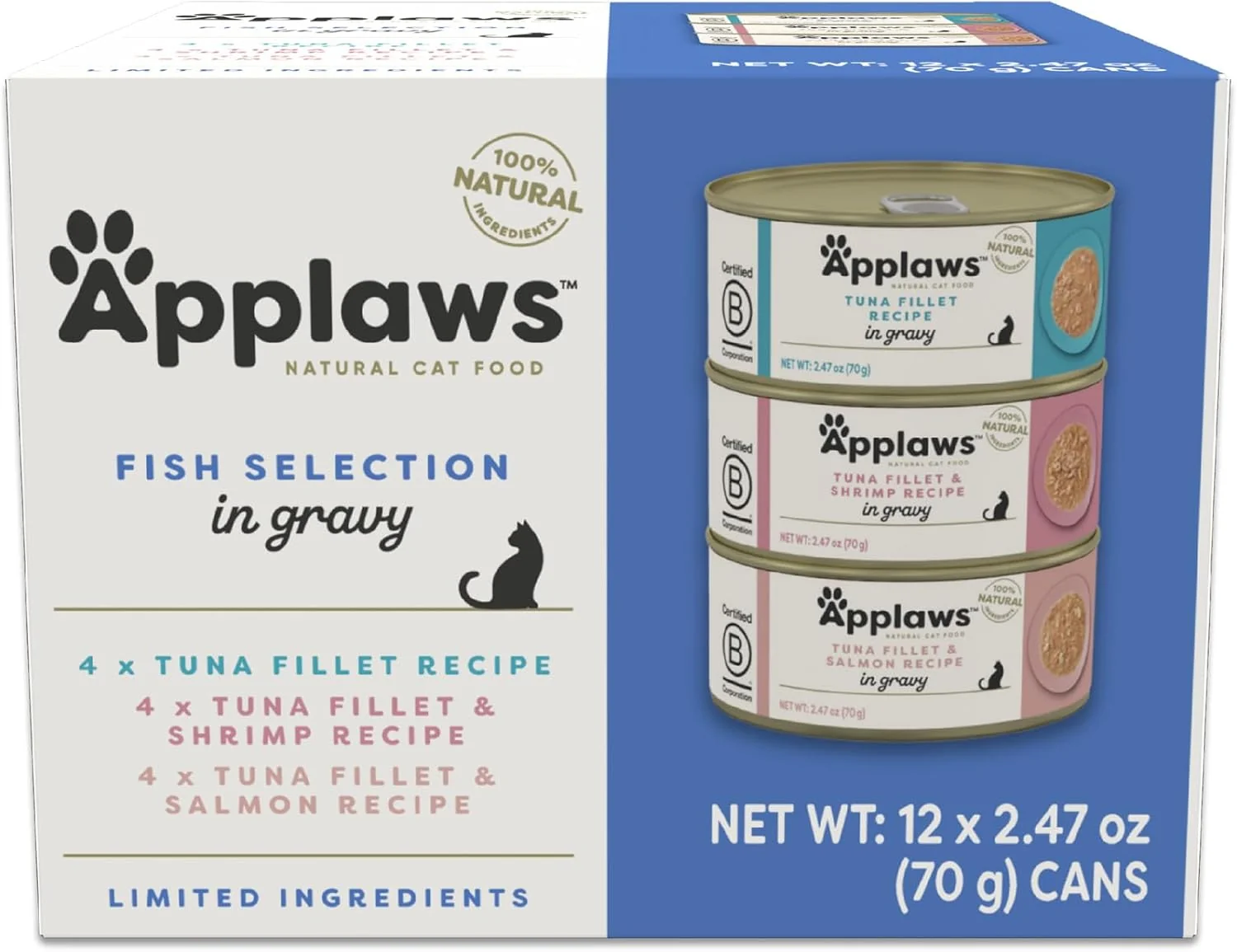 Premium Material Applaws Natural Wet Cat Food in Gravy Limited Ingredient Canned Wet Cat Food Variety Pack Made with Natural Ingredients Fish Selection Variety Pack in Gravy 12 x 2.47oz Cans Premium