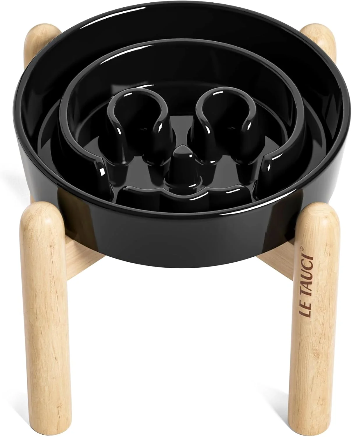 High-Performance LE TAUCI Ceramic Slow Feeder Dog Bowls d 3 Cup Raised Bowl with Wooden Stand for Medium Large Breed Slow Down Eating Puzzle Dog Food Bowl Skull Black High-Grade