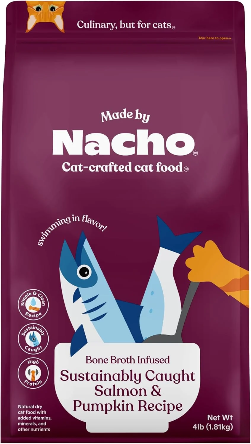 Recyclable Made by Nacho Dry Cat Kibble 4lb Bag High Protein and Grain-Friendly Premium Cat Food Sustainably Caught Salmon and Pumpkin Infused with Bone Broth for Hydration Limited Ingredients Single Bag Convenient