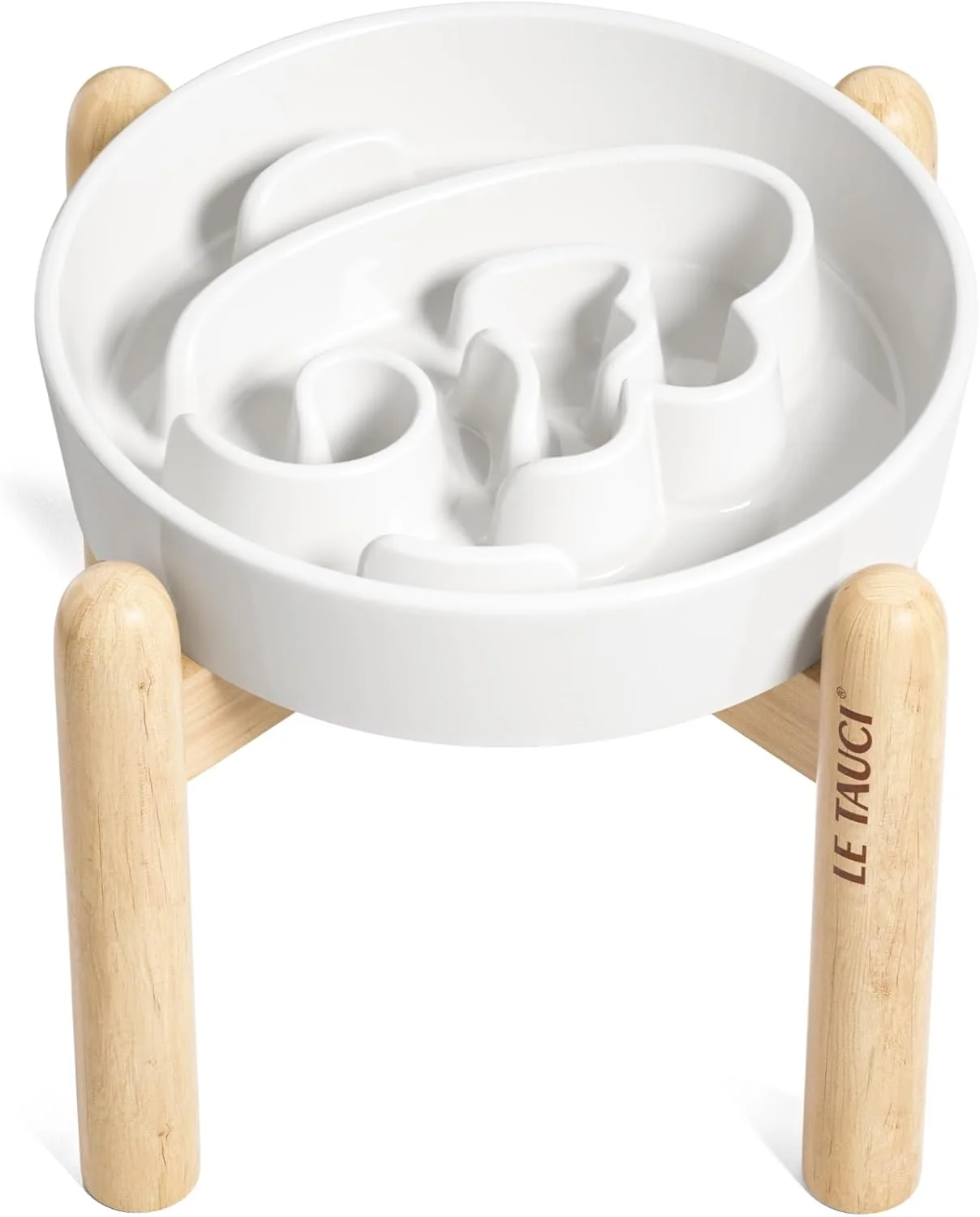 Genuine LE TAUCI Ceramic Slow Feeder Dog Bowls d 3 Cup Raised Bowl with Wooden Stand for Medium Large Breed Slow Down Eating Puzzle Dog Food Bowl Angel White Environmentally Friendly