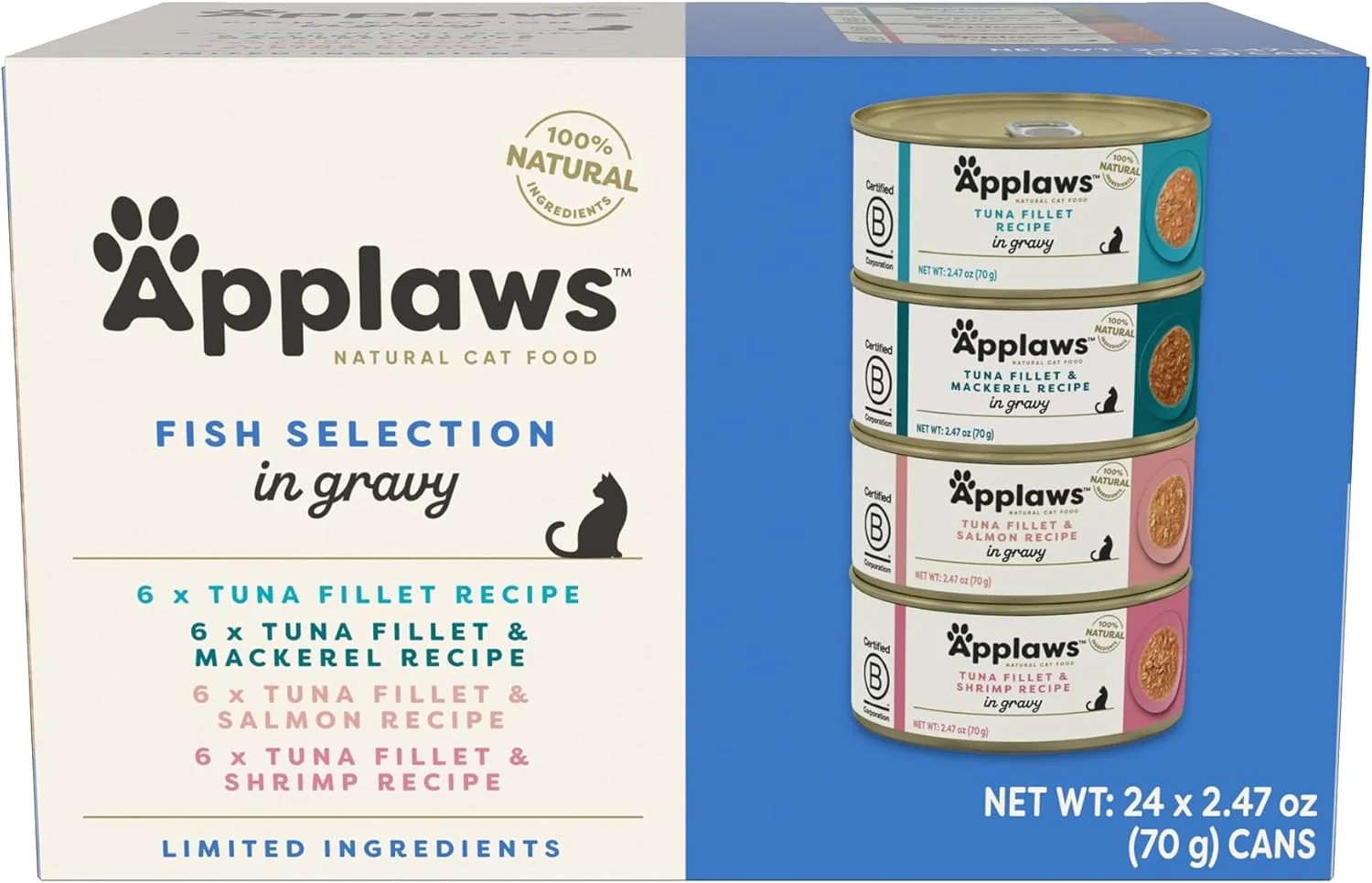 Advanced Applaws Natural Wet Cat Food in Gravy Limited Ingredient Canned Wet Cat Food No Additives Made with Natural Ingredients Fish Selection in Gravy Cans 24 x 2.47oz Cans Genuine