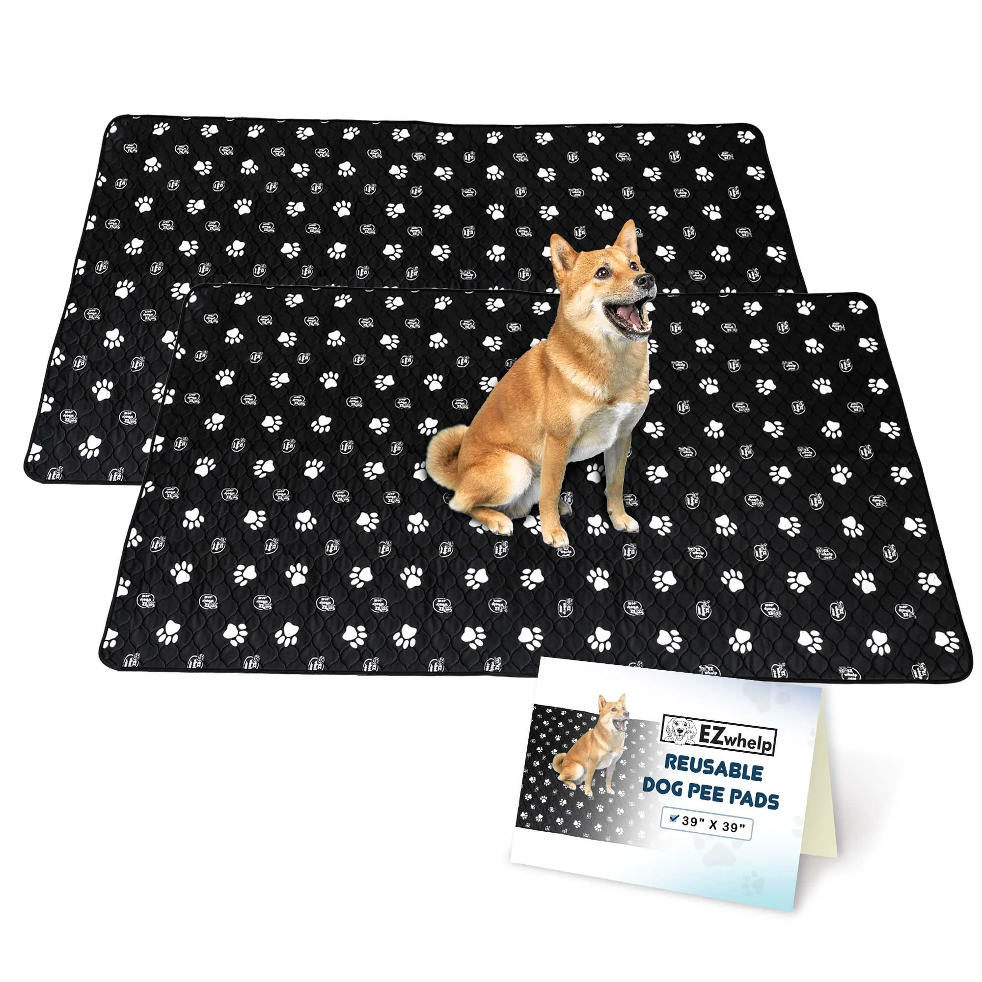 Expertly Made EZwhelp Reusable Dog Pee Pads – 39x39 Inch 2 Pack Washable Waterproof Slip-Resistant Original Design