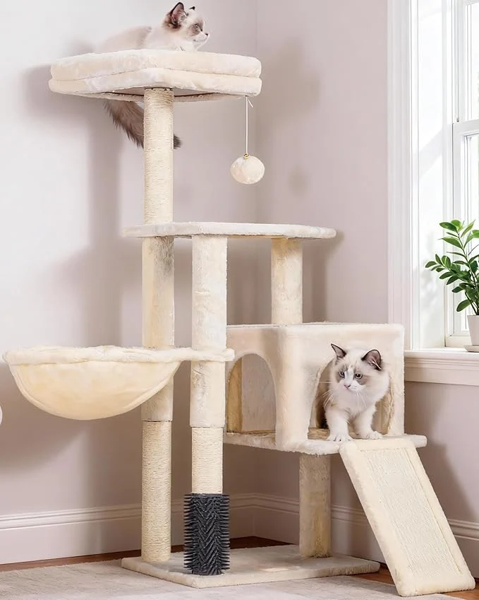 Certified Heybly Cat Tree with Cat Self Groomer Brush Cat Tower Condo for Indoor Cats with Padded Plush Perch Cat House with Basket Scratching Board Post Beige HCT005SMAbout ThisOverview Trendy