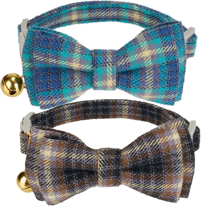 Lightweight 2 Pack Cotton Cat Collar Removable Bowtie Plaid Pattern Safety Breakaway Refined