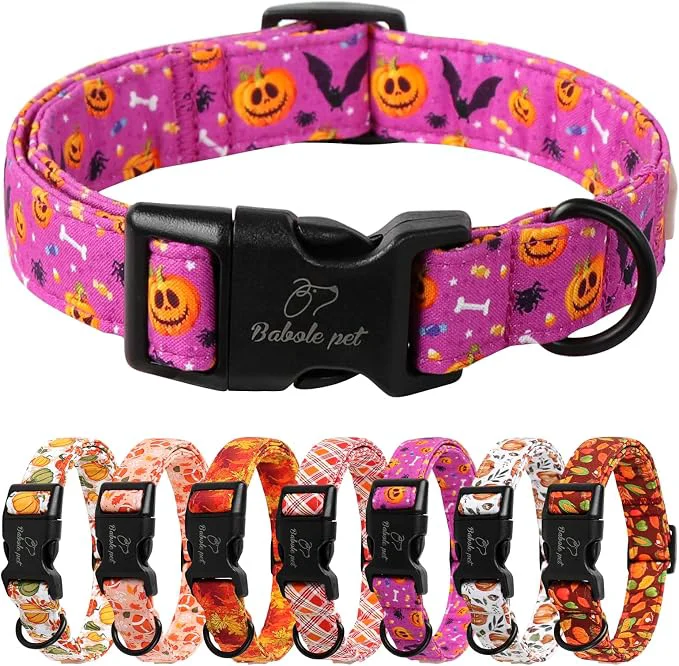 Comfortable Halloween Dog Collar Cute Pumpkin Bat Pattern Halloween Purple Puppy Collar Fine