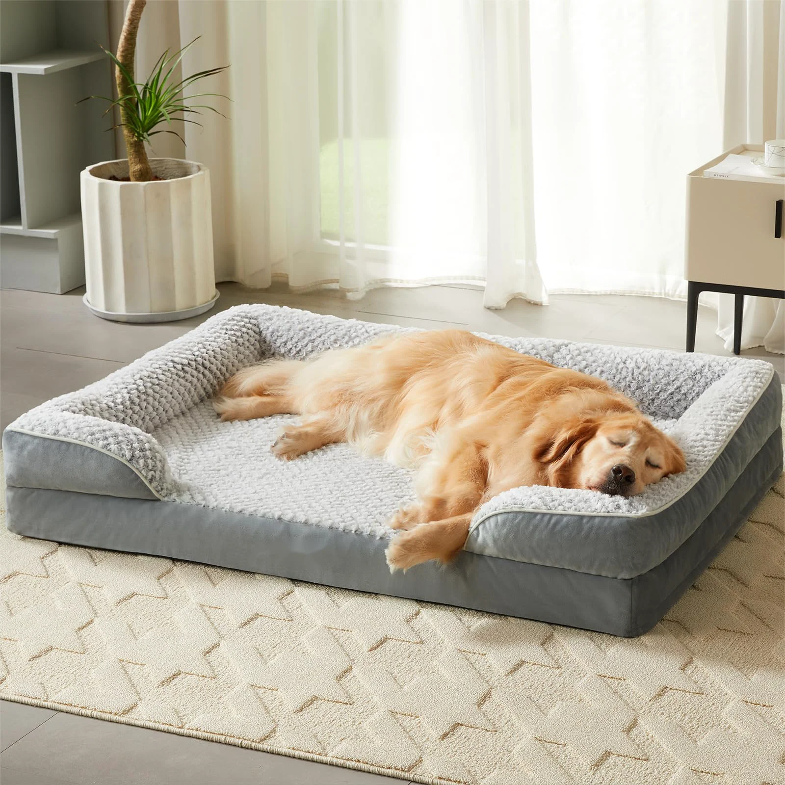 Breathable LEXTRO Orthopedic Dog Bed for Large Dogs – Waterproof Egg Crate Foam 42x30x7 Anti-Slip Grey Clean