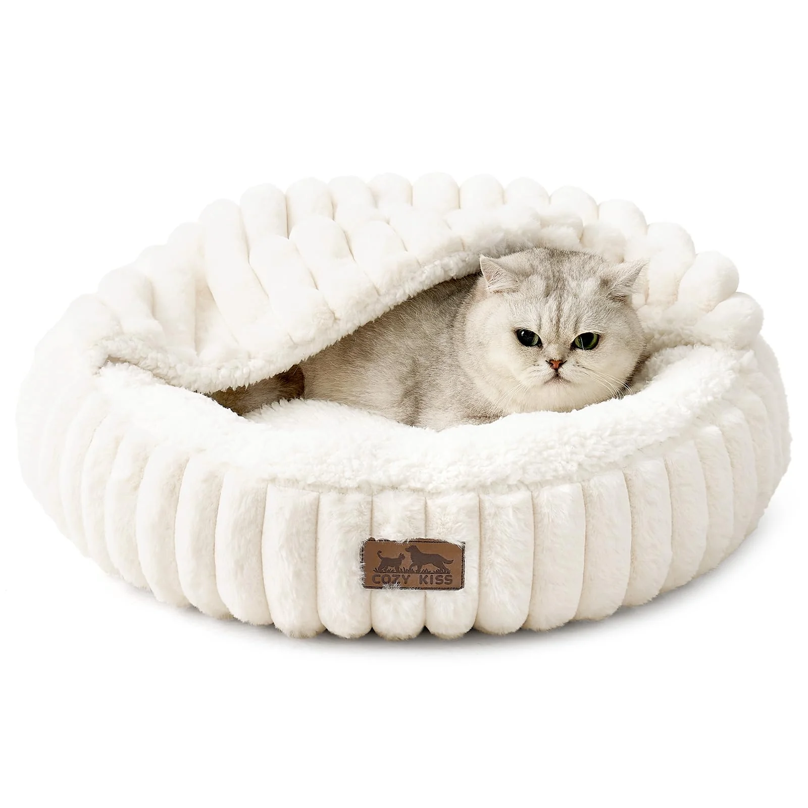 Convenient COZY KISS Cat Bed with Hooded Blanket – Round Fluffy Donut Cuddler Anti-Slip Bottom 20x20x6 Cream Proven