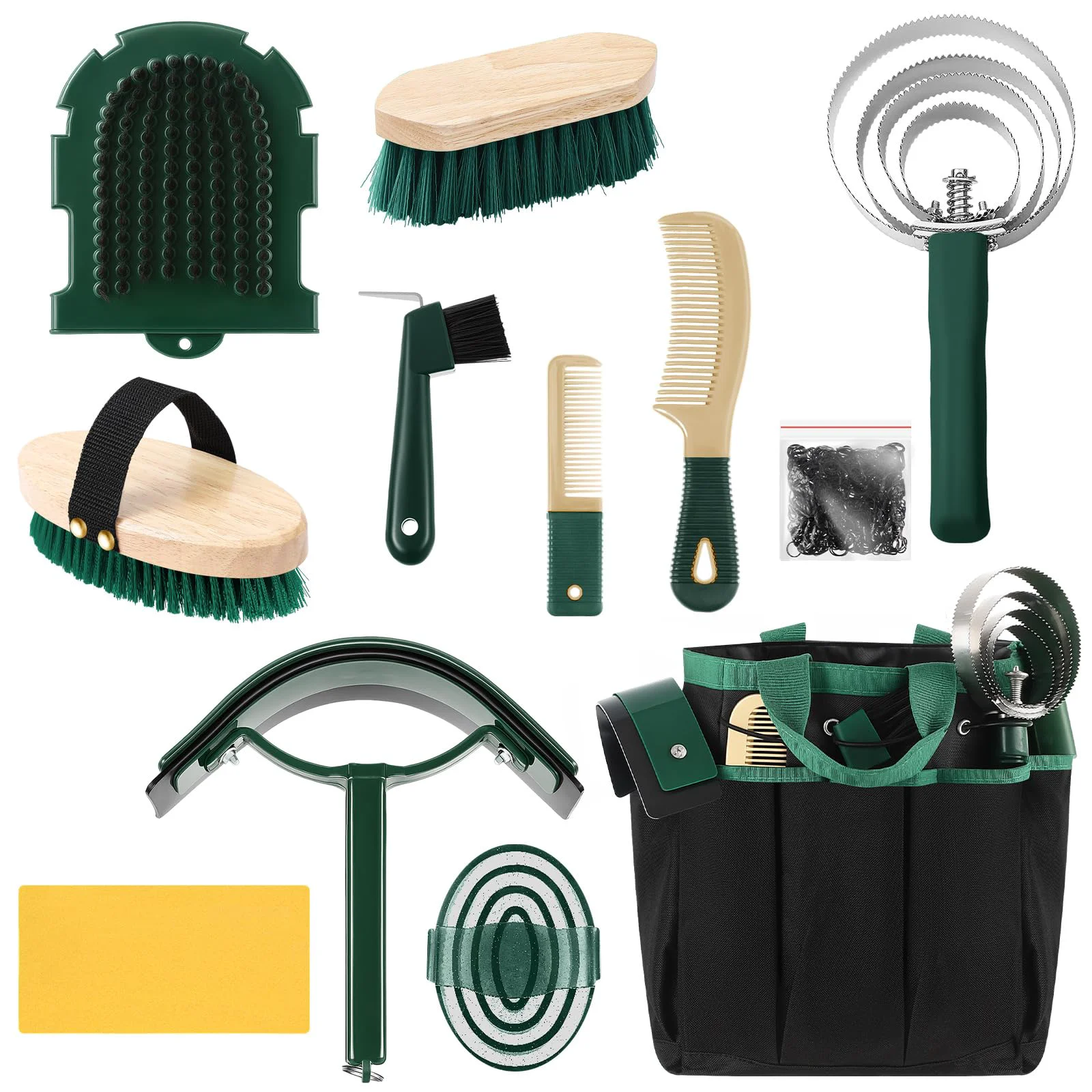 Original Abbylike 12-Piece Horse Grooming Kit with Organizer Tote Bag – Equine Care Tools Khaki Green Advanced