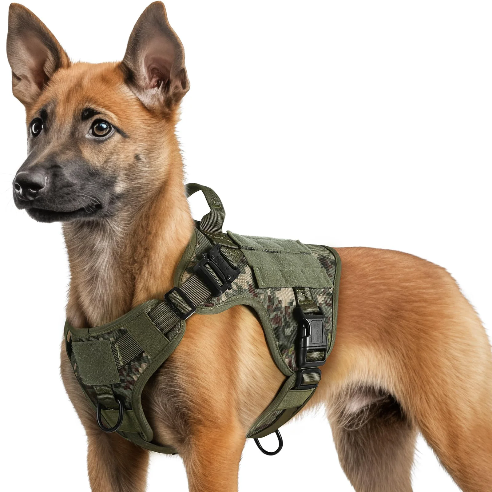 Traditional Rabbitgoo Tactical Dog Harness for Small Breeds — No-Pull Front Clip Molle Vest Green Camo Lightweight