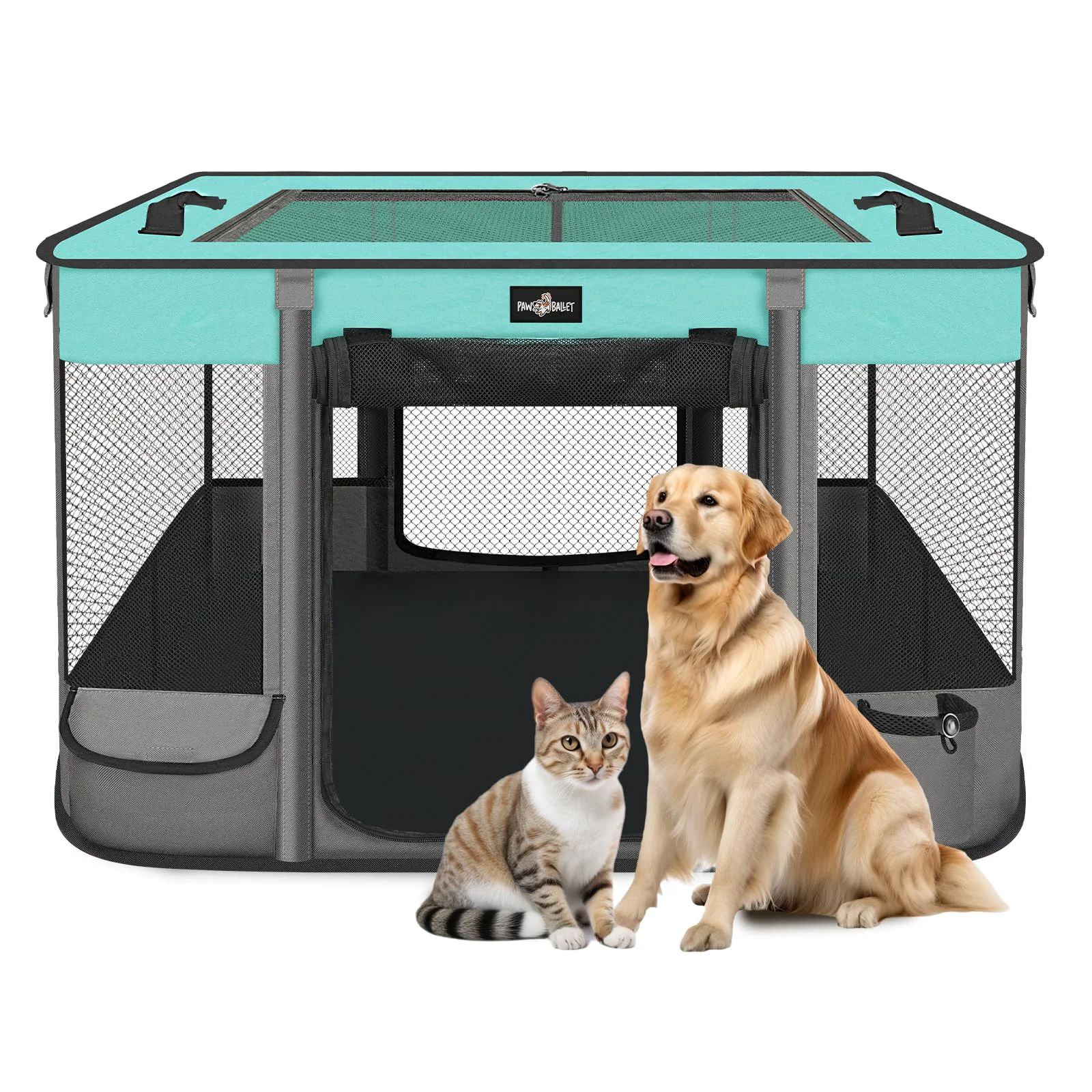 Carefully Designed PAW BALLET Foldable Pet Playpen - Waterproof Portable Indoor Outdoor Kennel Tent for Small Pets BlackTeal Smooth
