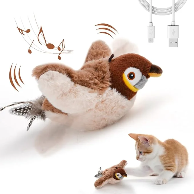 Smart Flappy Bird Cat Toy for Indoor Cats Simulated Chirping Flapping Wings Bird Interactive Catnip Toys Plush Kitten Exercise Toys Brown Sparrow About This Fine