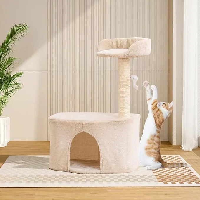 Elegant Small Cat Tree Tower with Sisal Scratching Post for Indoor Cats Cat Condo Cave House with Perch and Playful Toy Feather Beige 20.27x12.4x29.5 inch About ThisOverview Pure