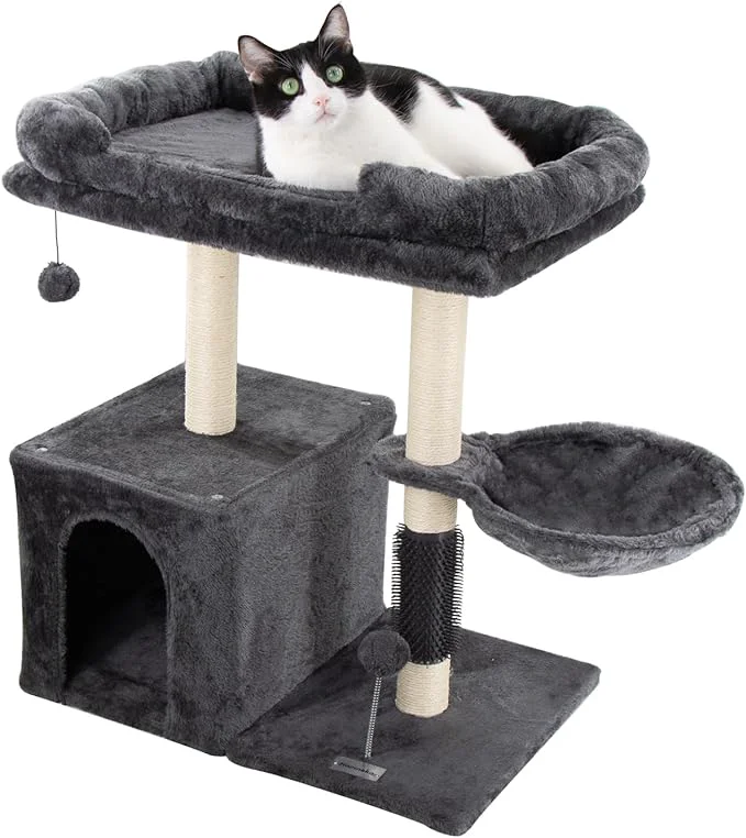Next-Generation 28.4 Small Cat Tree Tower Cat Scratching Post for Indoor Cats Featuring with Cat Cave Cozy Perch Cat Self Groomer and Interactive Dangling Ball Great for Kittens Cats Smoky Gray Large About ThisOverview Luxury