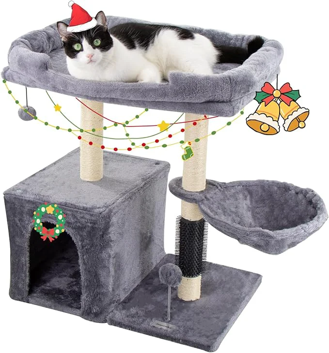 Superior 28.3 Small Cat Tree Tower Cat Scratching Post for Indoor Cats Featuring with Cat Cave Cozy Perch Cat Self Groomer and Interactive Dangling Ball Great for Kittens Cats Light Gray Large About ThisOverview Advanced
