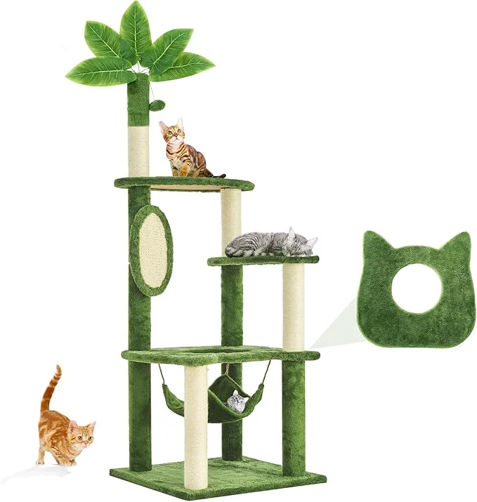 Next-Generation 61 Cat Tree for with Green Leaves Multi-Level Large Cat Tower with Hammock Plush Cat House with Hang Ball Toy and Sisal Scratching Posts Furniture GreenAbout ThisOverview Clean