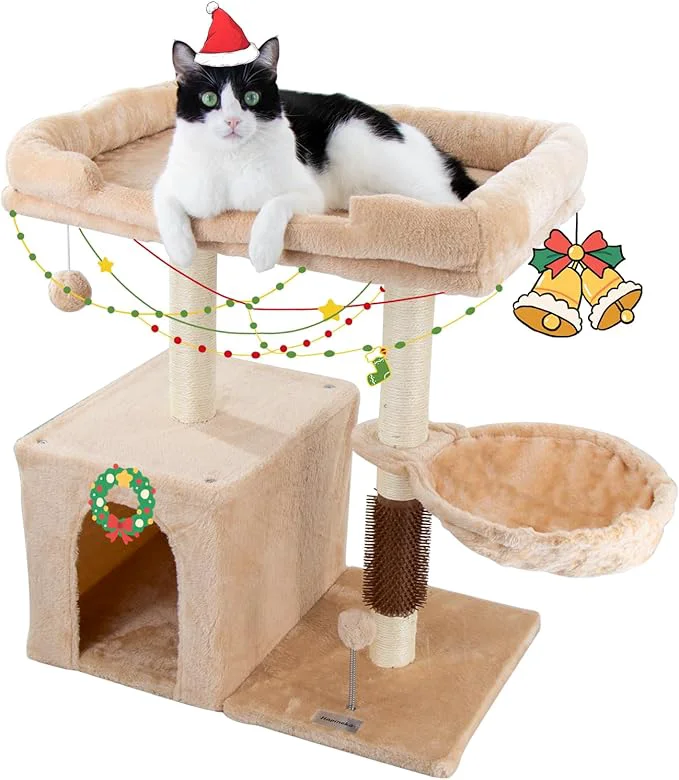 Luxury 28.4 Small Cat Tree Tower Cat Scratching Post for Indoor Cats Featuring with Cat Cave Cozy Perch Cat Self Groomer and Interactive Dangling Ball Great for Kittens Cats Beige Large About ThisOverview Next-Generation