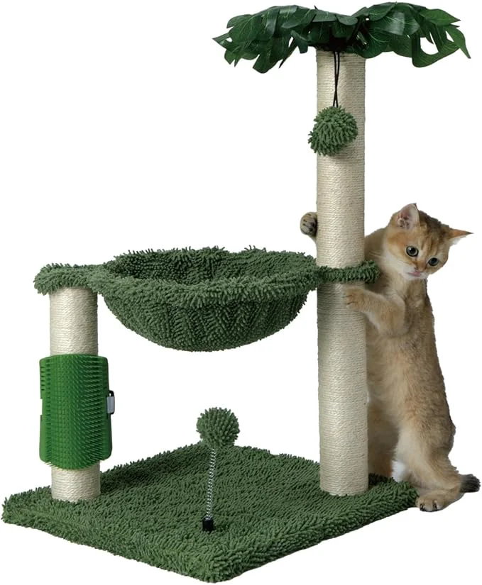 Organic MECOOL Small Cat Tree Tower Scratching Post with Hammock for Indoor Kittens and Small Cats up to 7lb Self-Massage Bursh Hanging Ball Toys Monstera deliciosa GreenAbout ThisOverview Artisan