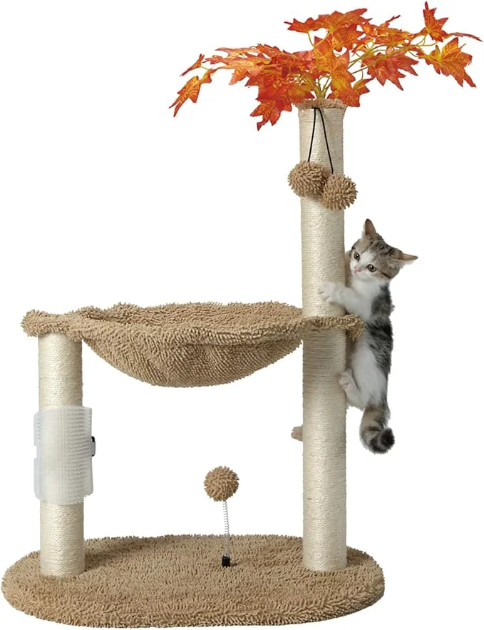 Smart MECOOL Cat Tree Tower 32 Tall Scratching Post with Large Hammcok for Indoor Cats Self-Massage Bursh Hanging Ball Toys Maple BeigeAbout ThisOverview Luxury