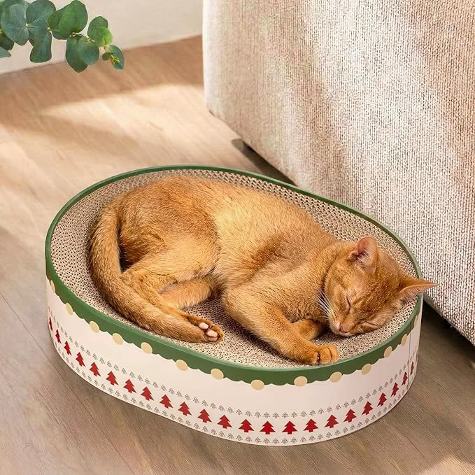 Trusted Cat Scratcher Bed 2 in 1 Oval Cat Scratching Board for Indoor Kitty Scratch Pad Corrugated Cardboard Lounge Bowl Nest Couch Sofas for Kittens Includes Cat Toy ChristmasAbout ThisOverview Advanced
