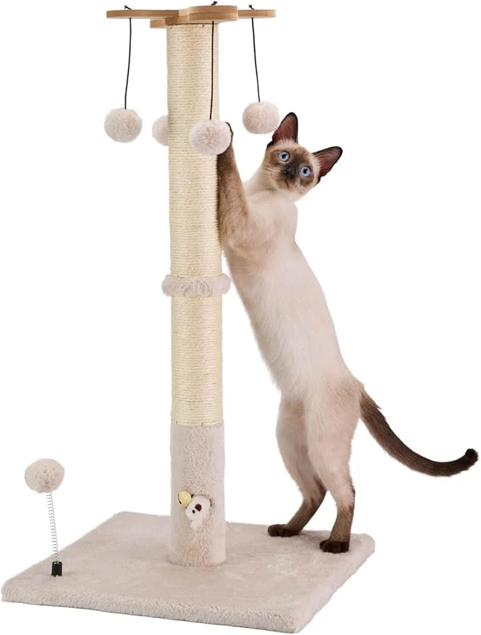 Long-Lasting PAWSFANS Cat Scratching Post for Indoor Cats and Kittens 30inches Tall Sisal Scratch Posts with Four Hanging Ball Toys and Reinforce The Stable Base BeigeAbout ThisOverview Elite