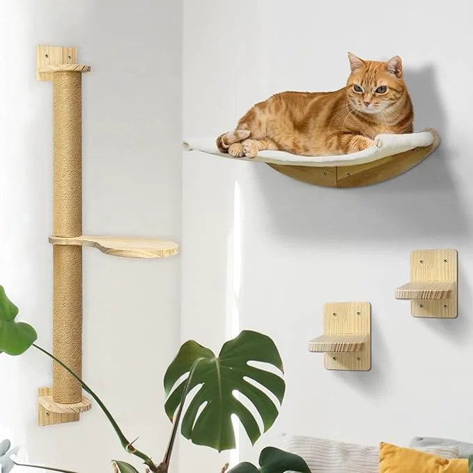 Solid Wall Mount Cat Wall Shelves – Hammock Scratching Post with Landing Two Jumping Steps – Cat Furniture and Shelves up to 30 lbs Set of 4About ThisOverview First-Class