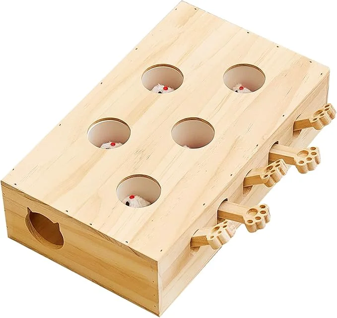 High-Grade Wooden Whack-a-mole Interactive Cat Toy for Indoor Cats Interactive Pet Toy Box Cat Puzzle Toy for All Ages Cats for Indoor Play Exercise 5 Holes About This Excellent