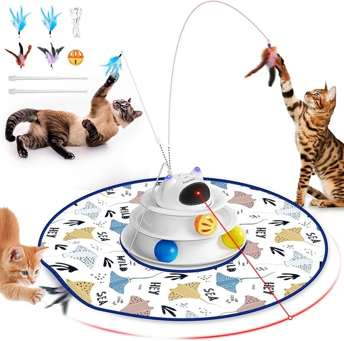 Authentic Interactive Cat Toy 5 in 1 Automatic Cat Toy for Indoor Cats Rechargeable Hide and Seek Toy with PVC Cover Battery Operated Kitten Laser Toy Self Play Fluttering Feather Wand with Track BallAbout This Casual