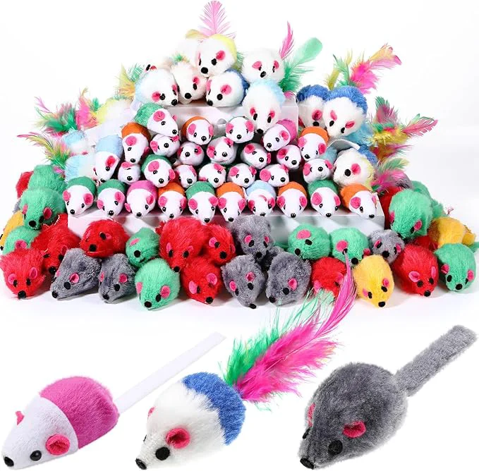 Classic Sosation 100 Pcs Fur Cat Mouse Toys Assorted Interactive Cat Toys Rattle Sound Mice for Kitten Catch Play Indoor InteractiveAbout This Superior