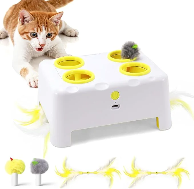 Elite Cheese Box Interactive Cat Toy for Indoor Cats 3-in-1 Whack a Mole Feather Toy 3 Modes Rechargeable Auto Cat Toys for Bored Cats 4 Holes Kitten Toy 4 Accessories White About This High-Quality