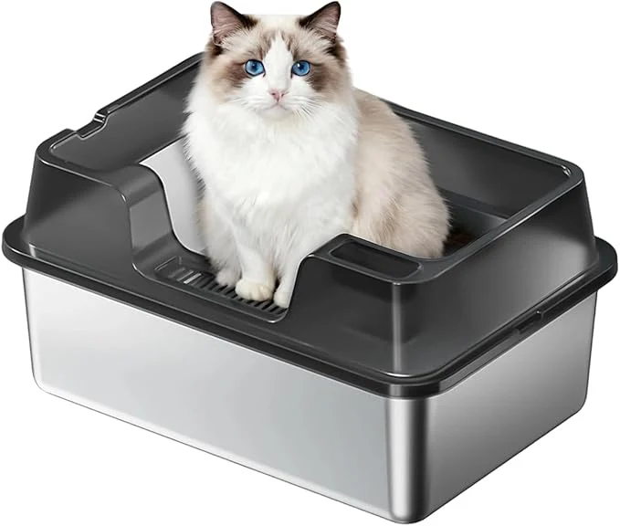 Smart Enclosed Stainless Steel Cat Litter Box with Lid Extra Large Litter Box for Big Cats XL Metal Litter Pan Tray with High Wall Sides Enclosure Non-Sticky Anti-Leakage Easy CleaningAbout ThisOverview Stylish