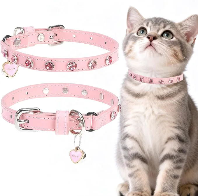 Functional EXPAWLORER Leather Cat Collar for Girl Boy- Adjustable Pet Collar Natural