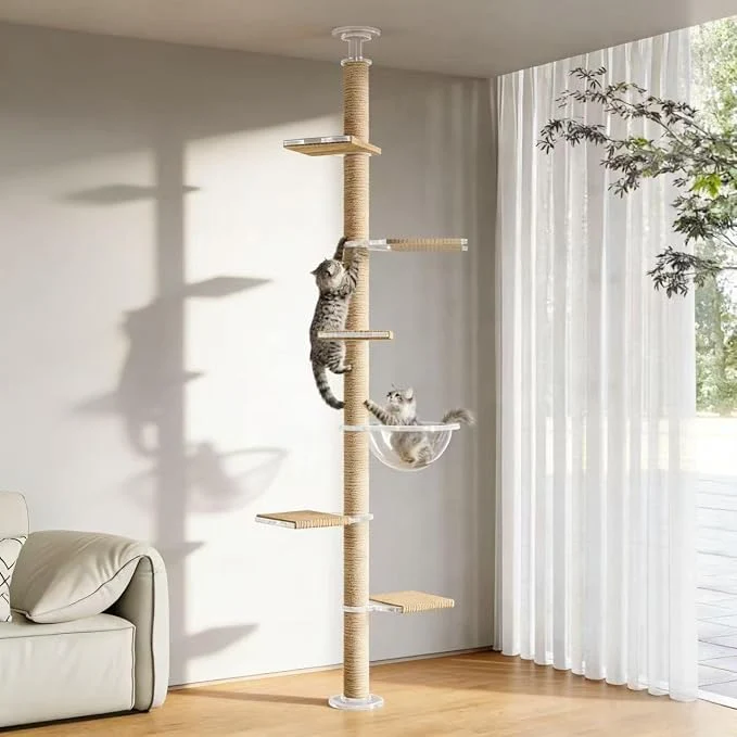 Solid Floor to Ceiling Cat Tree Acrylic Top Support PlateTall Cat Tower Natural Smart