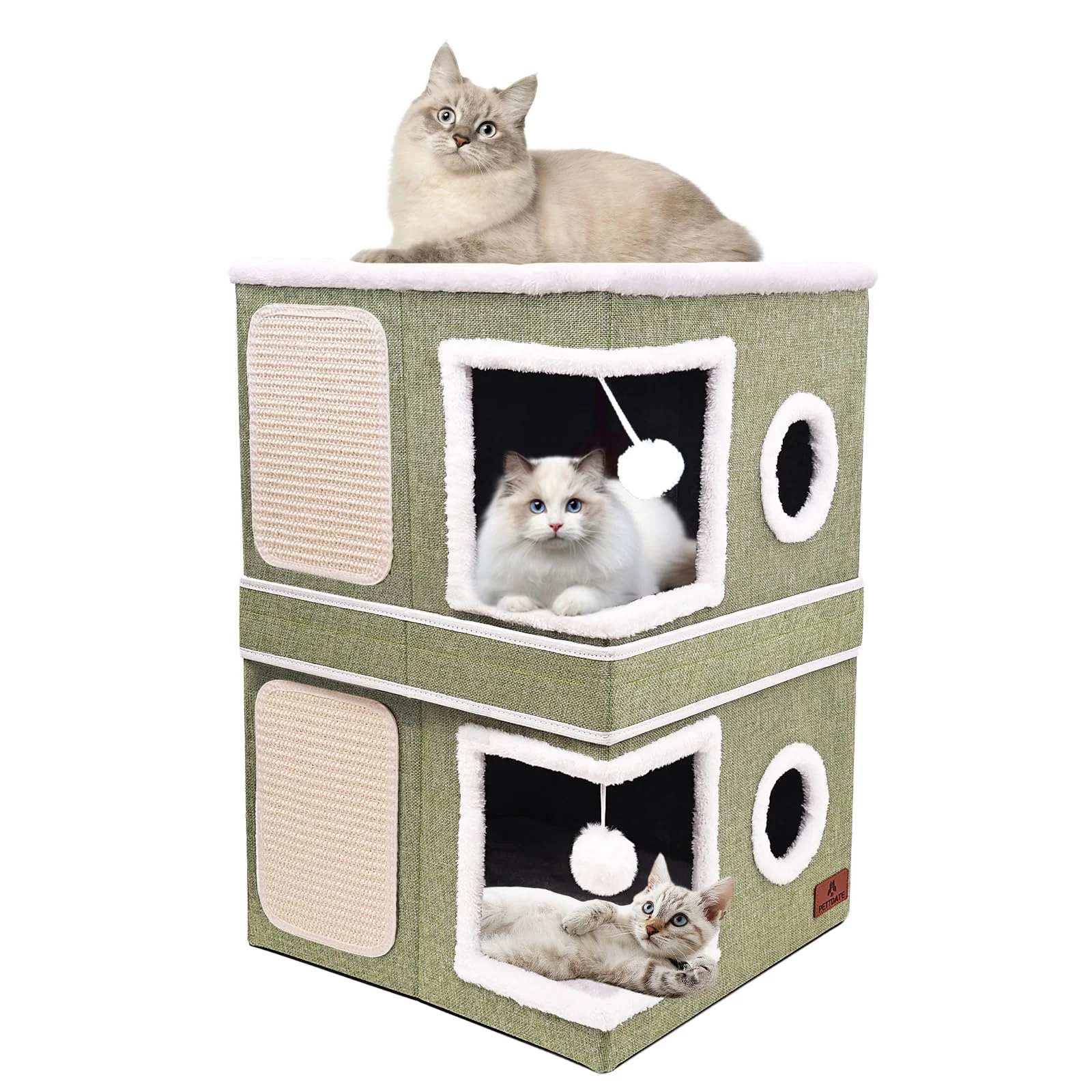 Recyclable Pettdate 2-Story Cat House for Indoor Cats — Foldable Condo with Scratch Pad Ball Premium Material