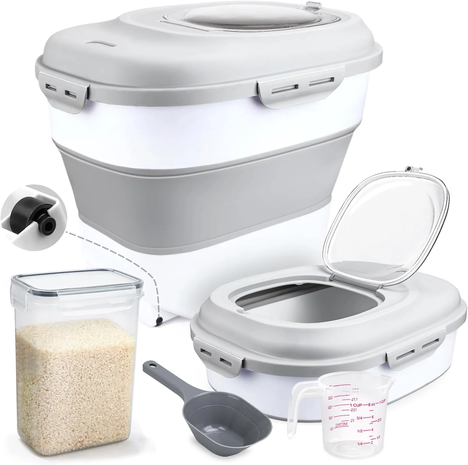 Specialty Rice Storage Bin Ce Containers 13-50lb Collapsible Rice Container Dispenser with Transparent Lid Rolling Wheels Measuring Cup and Scoop Airtight Dog Cat Pet Food Storage Container White Fine