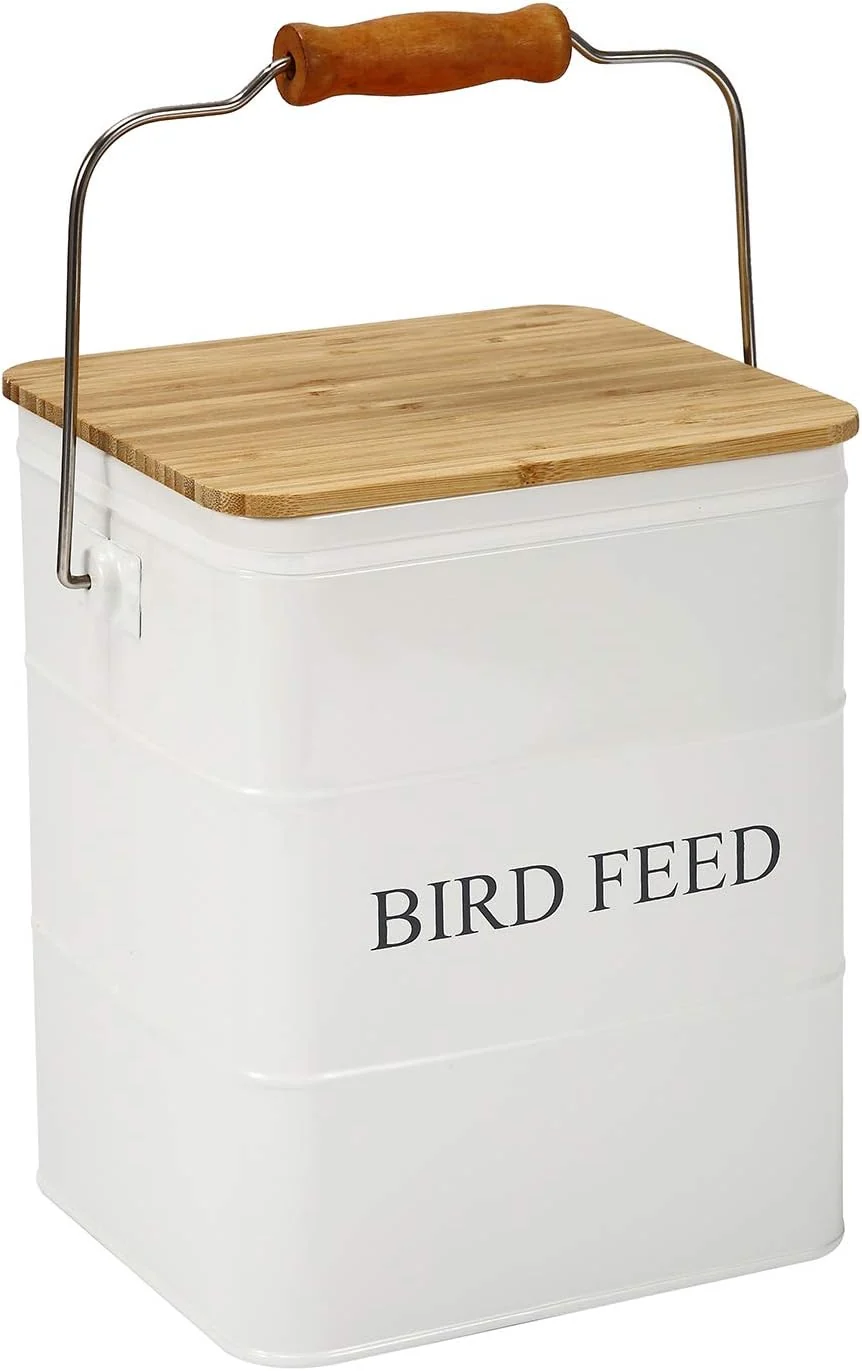 Clean Bird Seeds storage container Bird Seed Container Metal food tin for Birds pet snacks Canisters with wooden lid handle sevice scoop hold 5-6 lbs Sustainable