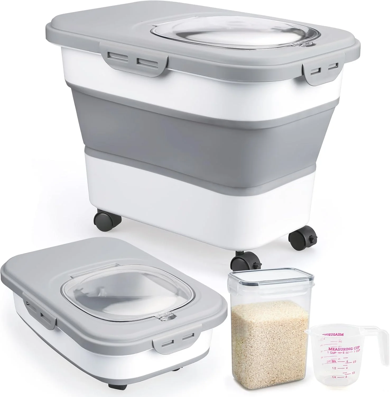 Verified Rice Storage Containers Collapsible 20 to 30Lbs Food Storage Bin Dispenser with Rolling Wheel and Clear Airtight Lid BPA Flour Sugar Ce and Dog Cat Pet food Containers Powerful