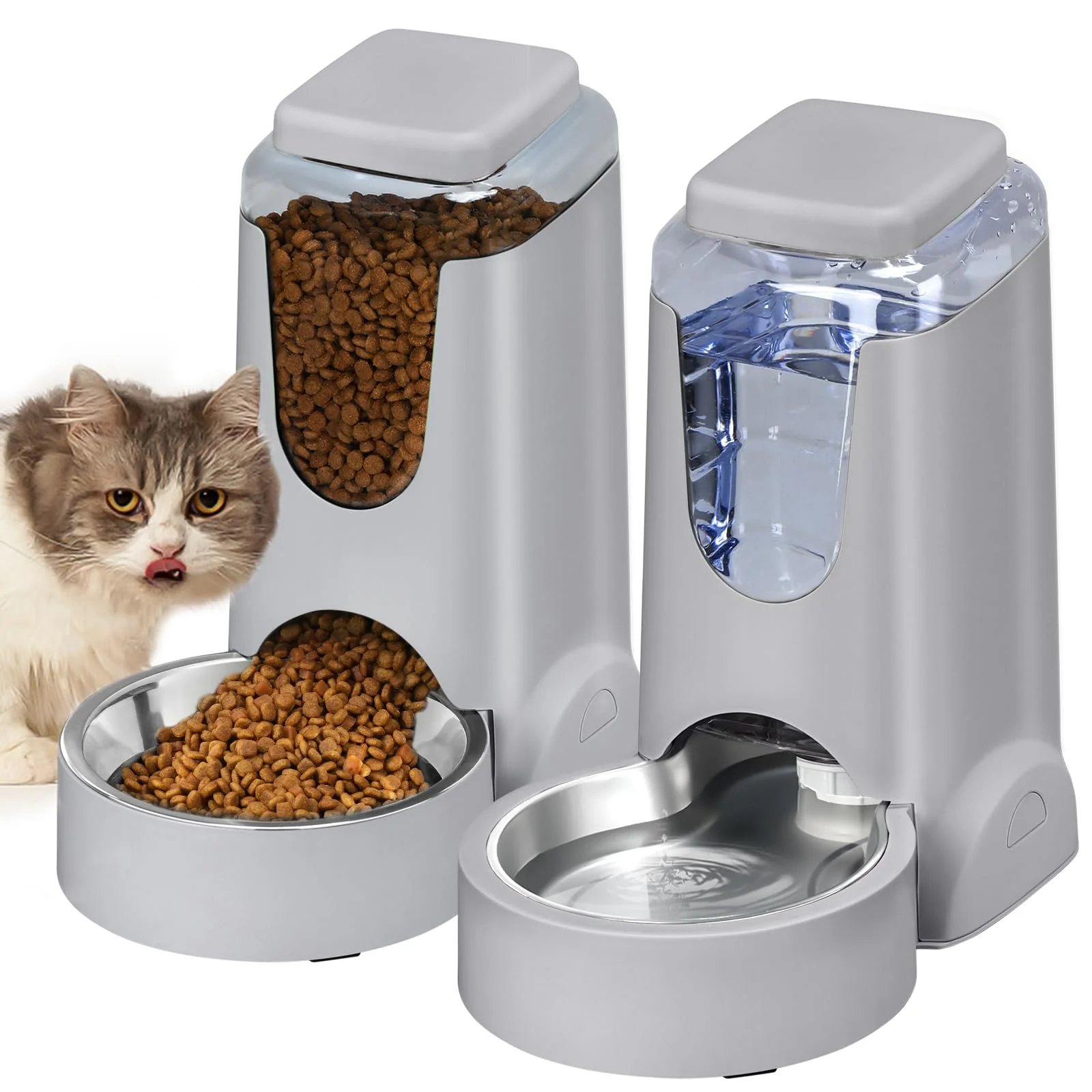 Reusable HWONMTE Portable Automatic Cat Feeder Water Dispenser - 1 Gallon x 2 Stainless Steel Bowl Gravity Feed for Small to Medium Pets First-Class