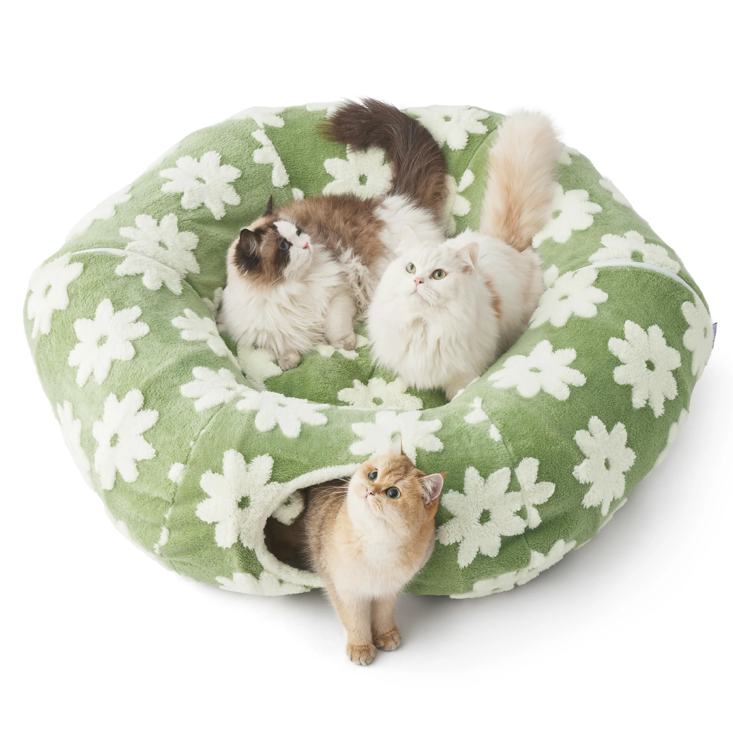Flexible LE SURE Lesure Large Cat Tunnel Bed – 2-in-1 Donut Cat Cave in Flower Garden Green Reusable