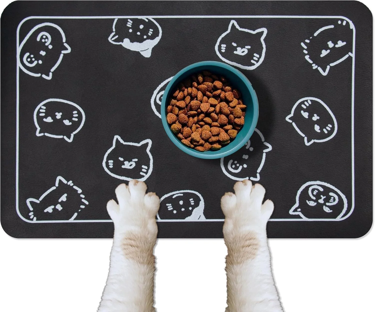 Sustainable YCT Cat Food and Water Mat for Pets - Non-Slip Super Absorbent Dog Bowl Mat With Multiple Cat Heads Logo - 24 x 16.9 Inches Black Relaxed