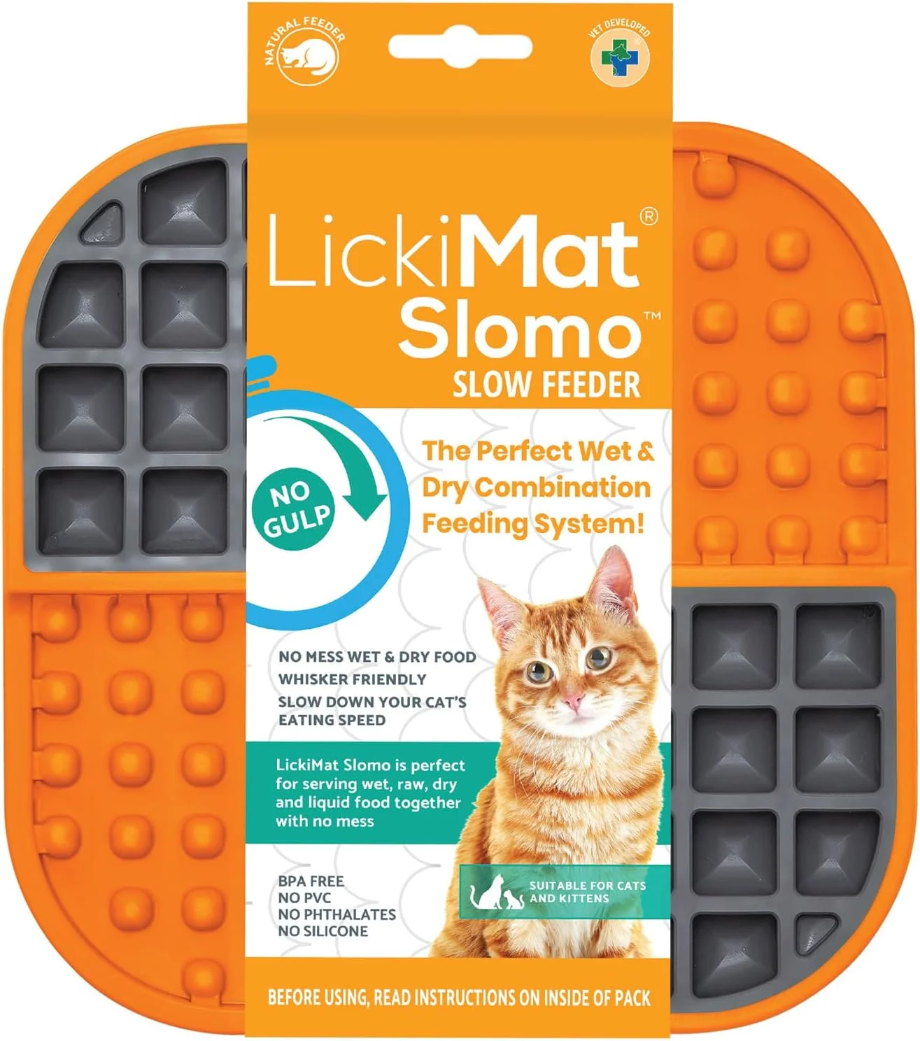 Premium LickiMat Slomo Cat Slow Feeder Lick Mat Boredom Anxiety Reducer for Food Treats Yogurt or Peanut Butter. Fun to a Slow Feed Cat Bowl or Dish Orange Minimalist
