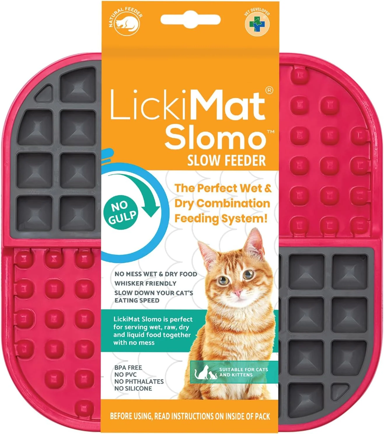 World-Class LickiMat Slomo Cat Slow Feeder Lick Mat Boredom Anxiety Reducer for Food Treats Yogurt or Peanut Butter. Fun to a Slow Feed Cat Bowl or Dish Red Certified